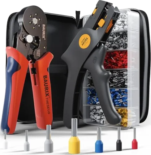 BAURIX® THESEUS Sechskant Crimpzange mit 2000 Aderendhülsen Set - Crimpzange für 0,25-6mm² mit selbsteinstellender Funktion und ergonomischem Griff, ideal für Heimwerker und Profis. Inklusive 2000 Aderendhülsen für vielseitige Anwendungen.