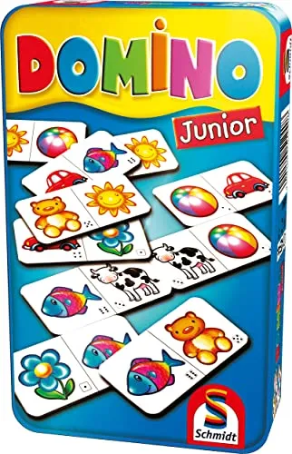 Schmidt Spiele 51240 Domino Junior - Kindgerechtes Legespiel in Metalldose für 2-6 Spieler, ideal für Kinder ab 3 Jahren