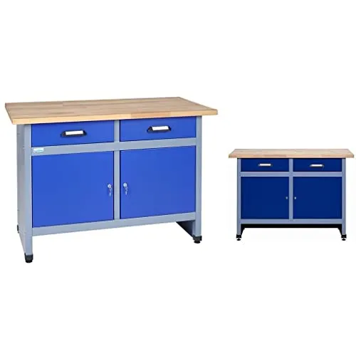 Küpper Werkbank 12057 ultramarinblau - Werkbank mit 30 mm massiver Buchenarbeitsplatte, 2 Schubladen und 2 abschließbaren Türen, Traglast bis 300 kg, ideal für Werkstätten und Hobbyräume.