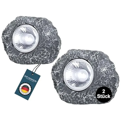 bmf-versand® 2er Set LED Solarsteine Grau - Solarlampen für Außen klein - Deko Stein mit LED - leuchtender Solarstein mit LED wetterfest - Wegeleuchten und Außenbeleuchtung für den Garten