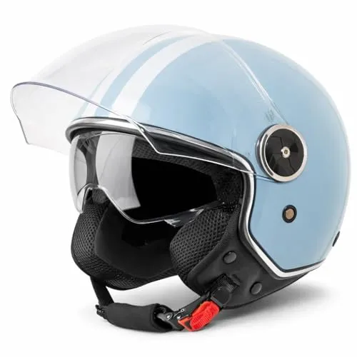 VINZ Arenas Jethelm mit Doppelvisier | ECE 22.06 Zertifiziert | Bequemer Rollerhelm in Hellblau - Der VINZ Arenas Jethelm bietet eine leichte und sichere Konstruktion mit integriertem Sonnenvisier für zusätzlichen Komfort. Ideal für lange Fahrten, erfüllt er höchste Sicherheitsstandards und sorgt für ein angenehmes Fahrerlebnis.