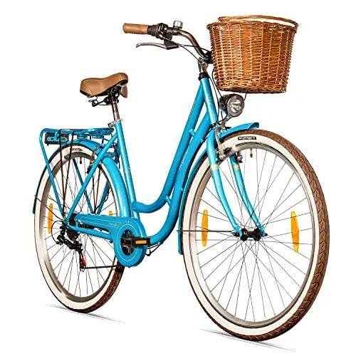 bergsteiger Cityrad Marseille 26 Zoll & 28 Zoll Damenfahrrad - Elegantes Damenfahrrad mit Rattan-Korb, 6-Gang Kettenschaltung und V-Bremsen für sicheren Fahrspaß in der Stadt.