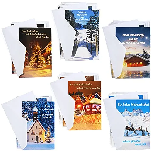 com-four® 100x Grußkarte für Weihnachten - Festtagskarten mit 6 weihnachtlichen Motiven - festliche Klapp-Karten mit Briefumschlägen - Weihnachtskarten - Festgruß (100 Stück - Winterlandschaft)