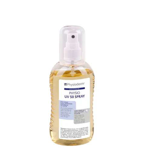 Physioderm Physio UV 50 Spray 200 ml – Extra wasserfestes Sonnenspray - Sonnenspray mit LSF 50 für zuverlässigen Schutz bei Arbeiten im Freien. Mit Überkopfpumpe für schwer erreichbare Stellen, feuchtigkeitsspendend und parfümfrei. Ideal für den professionellen Einsatz.