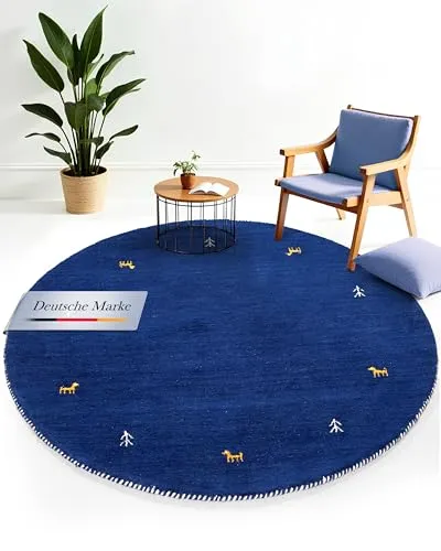 carpetfine Wollteppich Gabbeh Uni Rund Blau Ø 150 - Hochwertiger Wollteppich in Blau, ideal für Wohn- und Schlafzimmer. Strapazierfähig und pflegeleicht, sorgt er für eine gemütliche Atmosphäre.