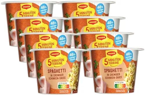 MAGGI 5 Minuten Terrine Spaghetti in cremiger Schinken-Sauce, leckeres Fertiggericht mit Instant Nudeln, Pasta-Snack mit Schinken & geräuchertem Speck vom Schwein, 8er Pack (8 x 64g)