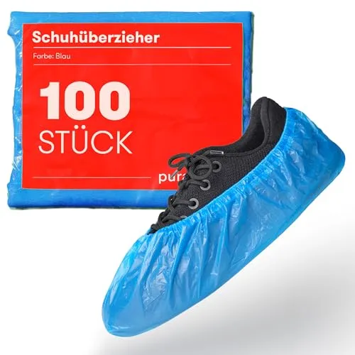 Einweg Schuhüberzieher (100 Stück) - Robuste CPE Überschuhe für optimalen Schutz - Hochwertige Einwegüberschuhe mit starkem Gummiband für sicheren Halt. Wasserabweisend und strapazierfähig, ideal für Haushalt, Klinik und Handwerk. Praktisch verpackt für schnellen Zugriff.