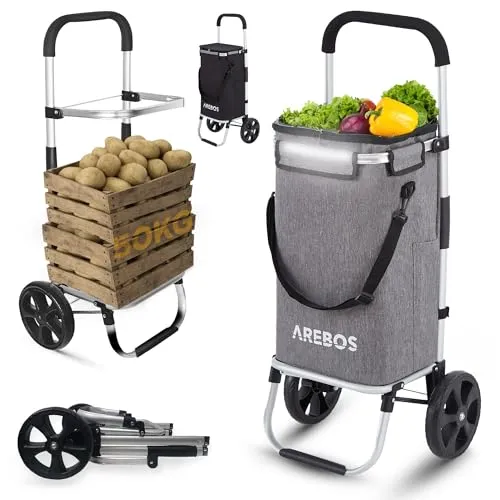 Arebos 3in1 Einkaufstrolley - 56 Liter mit Kühlfach, leicht und robust für große Einkäufe, vielseitig einsetzbar als Umhängetasche und Sackkarre