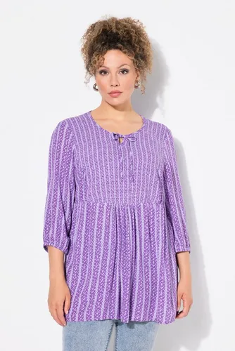 Ulla Popken Damen Plus Size Smok-Tunika mit Blüten - Modische A-Linie mit elastischer Büste und 3/4-Ärmeln. Rundhalsausschnitt mit Schlitz und Band, ideal für einen lässigen Look. Weich fließendes Material für angenehmen Tragekomfort.