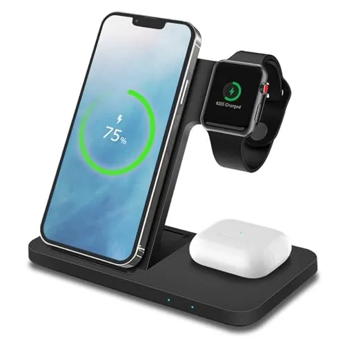 MMOBIEL Ladestation für iPhone, Apple Watch und AirPods - 3-in-1 Kabelloses Ladegerät, 18W Leistung und blitzschnelles Laden in elegantem Schwarz