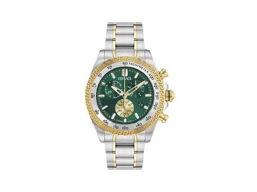 Versace Chrono X Quartz Uhr - Elegante Herrenarmbanduhr aus recyceltem Stahl - Herrenarmbanduhr mit 44 mm Gehäuse aus recyceltem Stahl und stilvollem grünen Zifferblatt. Ideal für jeden Anlass, mit hochwertigem Edelstahlarmband und 2 Jahren Herstellergarantie.