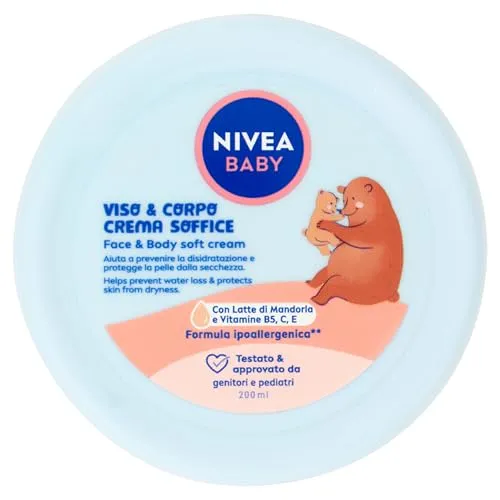 NIVEA Baby, Gesichts- & Körpercreme, weich, 200 ml, feuchtigkeitsspendende und pflegende Baby-Körpercreme, Gesichtscreme für Neugeborene mit Mandelmilch und Vitaminen, Baby-Körpercreme gegen