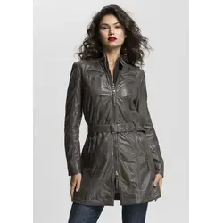 Ledermantel MAURITIUS "BENTE2" Damen Größe L, grau - Funktionsjacke aus 100% Schafsleder, figurbetont mit abnehmbarer Kapuze und Gürtel, ideal für kalte Tage und bietet praktischen Stauraum in Reißverschlusstaschen.