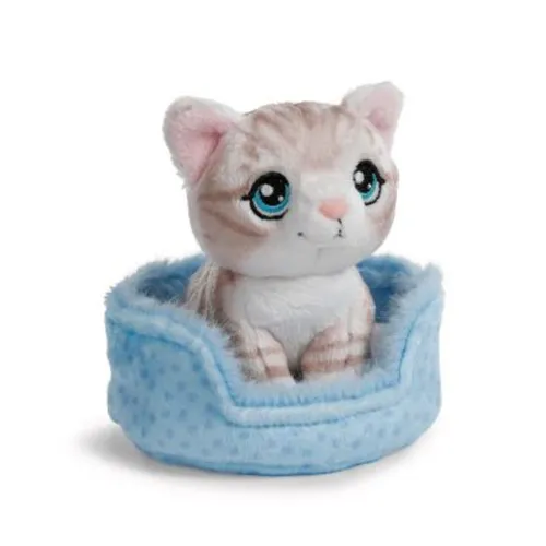 NICI Kuscheltier Katze grau getigert im blauen Körbchen grau blau