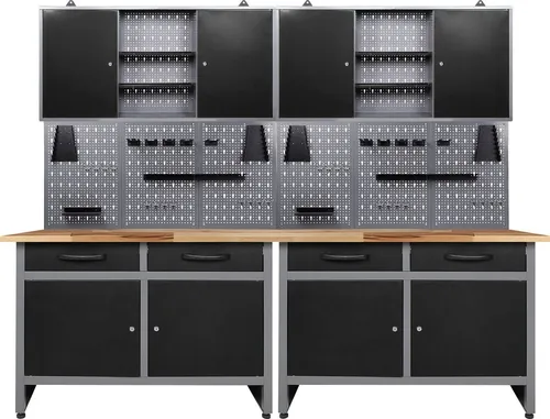 ONDIS24 Werkstatt-Set, 240 cm grau|schwarz - Werkstatteinrichtung mit 4 Schubladen und 8 Türen, ideal für Hobby und Werkstatt. Belastbarkeit bis 1120 kg, inklusive Hängeschrank und Lochwand für optimale Organisation.