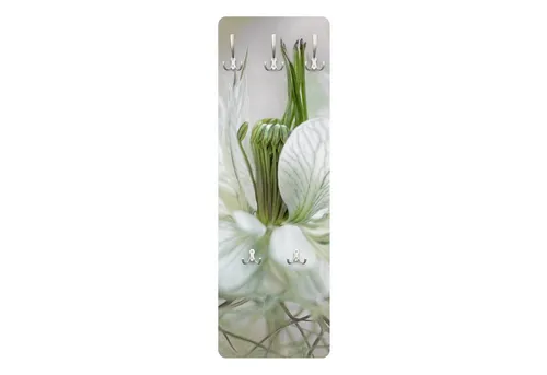 Bilderdepot24 Garderobenpaneel weiss Blumen Floral Landhaus Weiße Nigella Design (ausgefallenes Flur Wandpaneel mit Garderobenhaken Kleiderhaken hängend), moderne Wandgarderobe - Flurgarderobe im schmalen Hakenpaneel Design