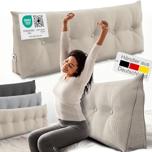 ELONEO Rückenkissen 140 cm breit - Komfortables Keilkissen für Bett und Sofa - Lendenkissen mit 140 cm Breite, ideal zum Entspannen und Lesen. Das abnehmbare, waschbare Kissen hat ein praktisches Seitenfach für Fernbedienung und Co.