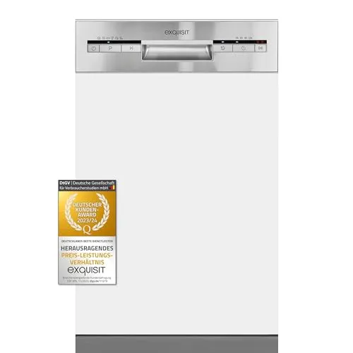 Exquisit Geschirrspüler 45 cm - Teilintegriert, 9 Maßgedecke, ECO-Modus - Platzsparender Geschirrspüler, ideal für kleine Küchen mit nur 9 Litern Wasserverbrauch pro Zyklus. 6 Programme, darunter Intensivmodus, sorgen für gründliche Sauberkeit.