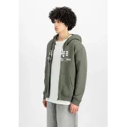 Alpha Industries Basic Zip Hoody Herren - Dark Olive - Herren-Sweatjacke im Regular Fit mit großem Logo Print und Kapuze mit Tunnelschnurzug. Der besondere "Remove Before Flight" Schlaufe am Bund verleiht einen einzigartigen Look.