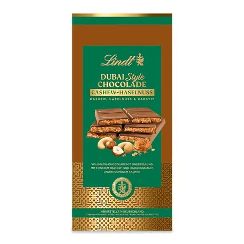 Lindt Schokolade | Dubai Style Chocolade Cashew-Hasselnuss Tafel | 150g | zarte Vollmilch-Schokolade mit feiner Cashew-Hasselnusscreme und knusprigem Kadayif | Schokoladen-Tafel