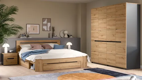 Inn.Furn Schlafzimmer Set Cooper, Eiche Artisan & Grau, 4-teilig - Modernes Schlafzimmer Set 'Cooper' in Artisan Eiche und Basaltgrau. Mit großzügigem Stauraum und praktischen Bettschubkästen, ideal für stilvolle und funktionale Einrichtung.
