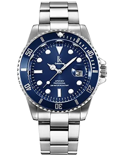 Alienwork Armbanduhr Herren Damen Silber Edelstahl mit Kalender Marineblau - Elegante Armbanduhr aus Edelstahl mit ganggenauem Japanischen Quarzwerk und leuchtenden Zeigern. Perfekt für jeden Anlass und leicht verstellbar.