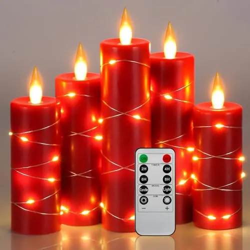 Da by 5 Stück Rote Paraffin LED Kerzen mit Feenlichtkette, Realistische Flackerflamme, Batteriebetriebene Premium Kerzen mit Fernbedienung, Wiederverwendbar für Fest- und Wohndekoration