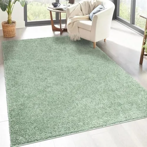 carpet city Shaggy Hochflor Teppich - 60x110 cm - Grün - Langflor Wohnzimmerteppich - Einfarbig Uni Modern - Flauschig-Weiche Teppiche Schlafzimmer Deko