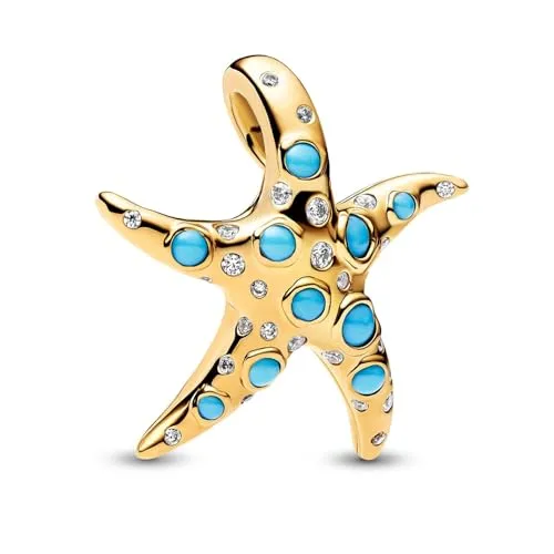 Pandora Charm-Einhänger 763818C01, Seestern - Charm-Anhänger mit maritimem Flair: Der PANDORA MOMENTS Seestern vereint Sterlingsilber und edle 14k-Vergoldung, ergänzt durch funkelnde Türkis-Steine für lebendige Akzente.