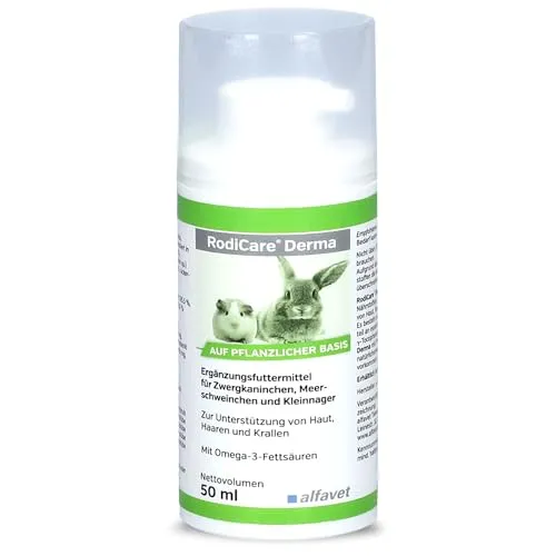 Alfavet RodiCare Derma zur Unterstützung von Haut, Haaren und Krallen, Nahrungsergänzung für Zwergkaninchen, Meerschweinchen, Kleinnager, 50ml Spender