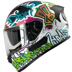 Broken Head Integralhelm InYourFace Weiss Matt mit Sonnenblende - Robuster Fiberglas-Integralhelm mit auffälligem Graffiti-Design und ECE 22.05-Zertifizierung. Leicht und komfortabel für ein angenehmes Fahrerlebnis.