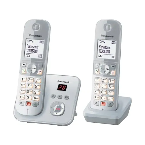 Panasonic KX-TG6862GS Schnurlostelefon mit Anrufbeantworter - Festnetztelefon mit 2 Mobilteilen, bietet die Möglichkeit, bis zu 1.000 Telefonnummern zu sperren und hat einen komfortablen Anrufbeantworter mit 40 Min. Aufnahmezeit.