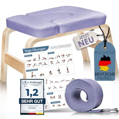 VALENESS Kopfstandhocker - Yoga Kopfstandhocker für Zuhause - Hochwertiger Yoga Hocker aus massivem Naturholz, inkl. Yogagurt, Yogablock & Übungsposter - ideal für Handstand-Übungen und perfekte Unterstützung für dein Yoga-Training.