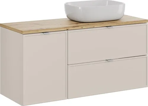 Badezimmer-Waschtisch 120 cm - BIBIONE-56 in Kaschmir & Eiche - Stilvoller Badezimmer-Waschtisch mit 120 cm, kombiniert natürliche Kaschmirfront und warme Eiche. Inklusive praktischen Wäschekorb und hochwertigem Aufsatzwaschbecken für elegantes Design und durchdachte Funktionalität.