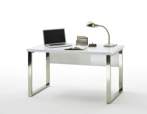 MCA furniture Schreibtisch Sydney, weiß Hochglanz 140 cm - Computermöbel mit einer stabilen Tischplatte aus Holzwerkstoff und einem eleganten, verchromten Metallgestell – ideal für Ihr Home Office.