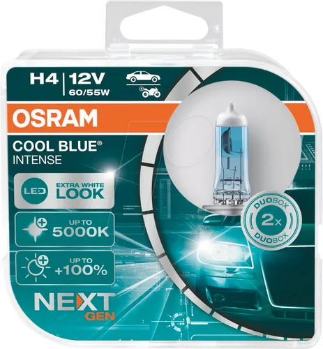 OSRAM Cool Blue Intense H4 Auto-Lampe 64193CBN-2HB, 2 Stück - Helle Halogen-Scheinwerferlampe mit bis zu 100% mehr Lichtausbeute. Ideal für PKW, Transporter und Wohnmobile, ECE-zertifiziert für den Straßenverkehr.