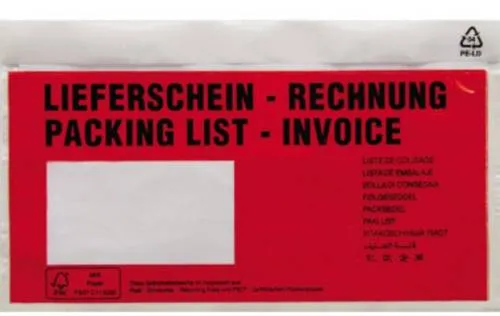 HEAD Dokumententasche DIN lang Rot - 250 Stück, mehrsprachig mit Selbstklebung für einfache Anbringung von Begleitpapieren