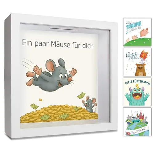 GLÜCKSWOLKE Spardose - Mäuse Motiv I Geldgeschenke Verpackung für Auto, Haus, Geburtstag I 3D Bilderrahmen I Sparbüchse als Kaffeekasse Trinkgeldkasse I Sparschwein für Geld-Geschenk Junge & Mädchen
