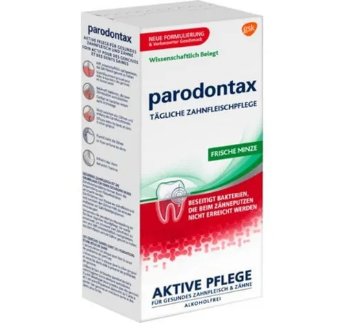 Paradontax Mundspülung mit erfrischendem Geschmack - Mundwasser für eine umfassende Mundpflege, sorgt für frischen Atem und unterstützt die tägliche Zahnhygiene.