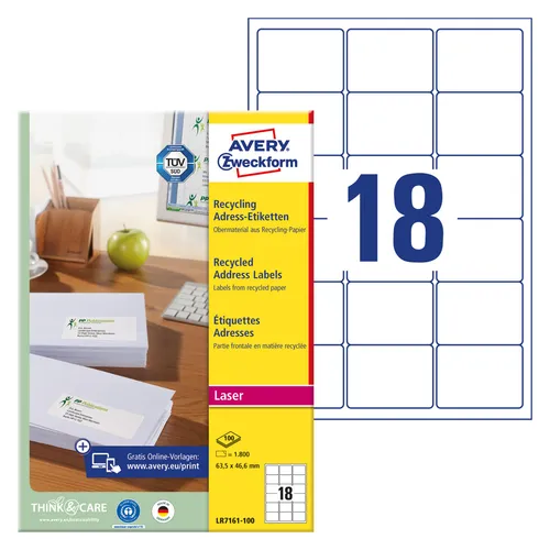 Zweckform Adressetiketten LR7161-100 Recycling - Recycling-Adhesive Adressetiketten, 63,5 x 46,6mm, 1800 Stück auf A4. Nachhaltig und umweltschonend, ideal für den Druck mit Laserdruckern.