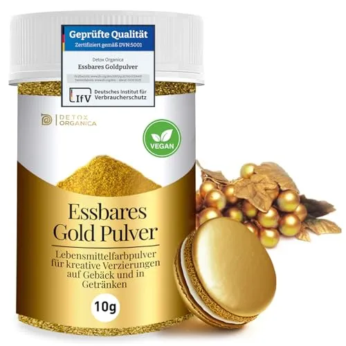 Detox Organica Goldpulver essbar 10g - Lebensmittelfarbe Gold ohne E171, ideal zum Dekorieren von Torten, Kuchen und Getränken für einen glamourösen Touch!
