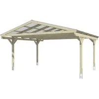 Skan Holz Carport Westerwald Nussbaum 570 x 541 cm - Doppelcarport aus robustem Leimholz in Nussbaum, mit Platz für zwei Fahrzeuge, optimaler Schneelast von 125 kg/m² und witterungsbeständigem Dach für ganzjährige Nutzung.