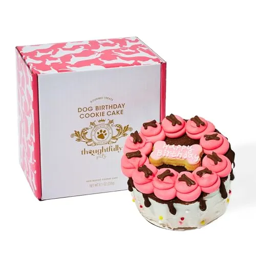 Thoughtfully Pets Hunde Geburtstag Keks-Kuchen - Erdnussbutter-Geschmack - Pink, ca. 15 cm - Feiern Sie den Ehrentag Ihres Hundes mit dieser köstlichen, dekorierten Geburtstagstorte. Ideal für Hündinnen, aus hochwertigen Zutaten und perfekt zum Teilen oder als tägliches Leckerli.