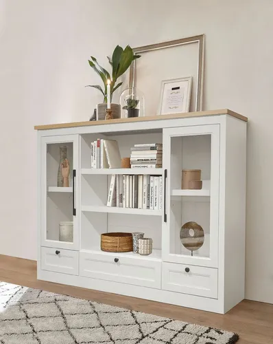 Highboard OTTO HOME "Ismund" – Elegantes Sideboard in Natur und Weiß - Kommode aus MDF mit Holz-Zierleiste und schwarzen Metallgriffen, bietet viel Stauraum mit 4 Einlegeböden und 3 Schubladen – ideal für stilvolle Wohnräume.