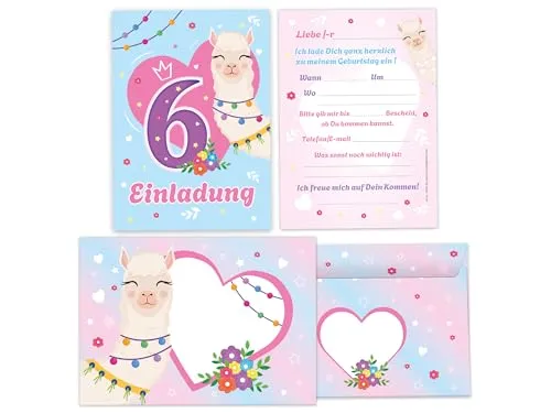 Einladungskarten inkl. 12 Umschläge zum 6. Kindergeburtstag Motto-Party Feier Fest Einladung Set Geburtstag Mädchen Kinder Lama Herz Queen rosa blau 12
