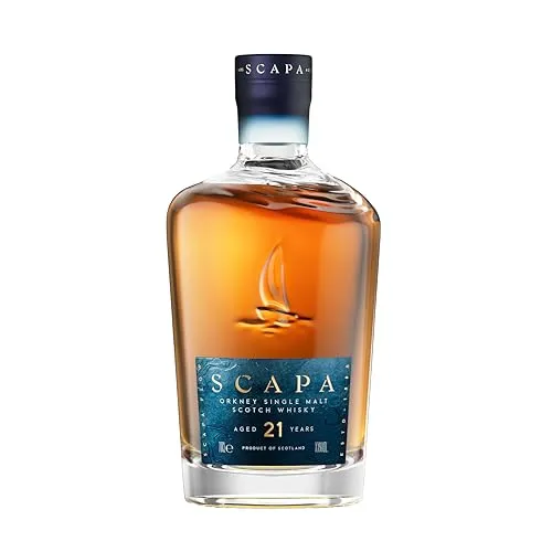 Scapa 21 Jahre Single Malt Scotch Whisky, Cask Strength mit tropischen Fruchtaromen - Whisky mit tropischen Fruchtaromen, gereift in Ex-American Oak Fässern für bemerkenswerte Komplexität und unverdünnten Genuss.