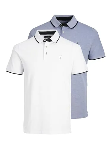 JACK & JONES Herren Jjepaulos 2 Packung Poloshirt - Bright Cobalt/Weiß - L - Poloshirts für Herren im praktischen 2er Pack, aus hochwertiger Baumwolle, ideal für lässige Outfits und optimalen Tragekomfort.