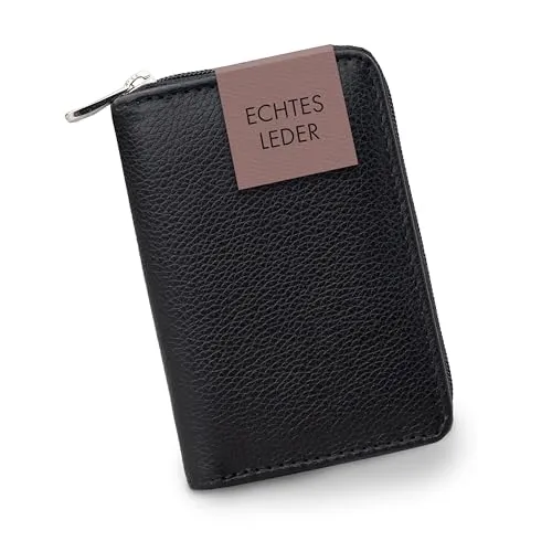 XiRRiX Damen-Portemonnaie Klein - Kleiner Geldbeutel Damen mit Reißverschluss - Geldbörse Damen Klein mit Münzfach - Mini Portmonee für Frauen im Kartenformat - Schwarze Brieftasche aus Leder