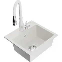 Mexen Milo Granit-Spüle mit Mischbatterie Savita, Weiß - 6505-20-672601-20 - Elegante 1-Becken Granit-Spüle mit praktischer Mischbatterie im zeitlosen Weiß. Ideal für moderne Küchen, sorgt für Funktionalität und Stil.