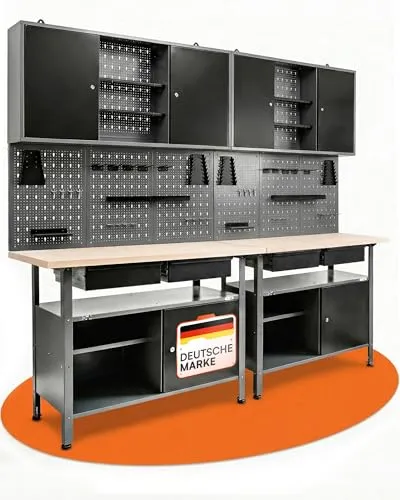 Ondis24 Werkstatt Set Fritz mit Werkbank, Hängeschrank und Werkzeugwand - Optimale Ordnung für Hobbywerkstätten: Das Werkstatt Set Fritz bietet Platz für Werkzeuge und Materialien mit zwei praktischen Werkbänken, einer vielseitigen Werkzeugwand und einem abschließbaren Hängeschrank.